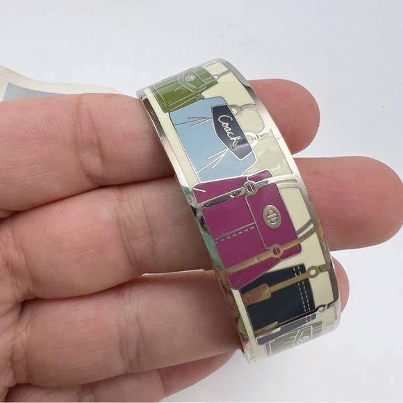 COACH Multicolor Enamel Purse Handbag Design Hinged Bracelet Silvertone - Picture 5 of 16